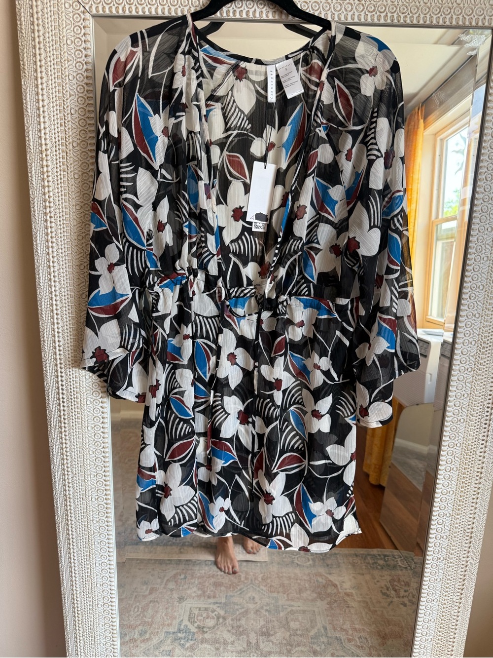 NWT Anthro Sanctuary Floral Chiffon Sheer Beach Coverup Mini Dress Black Blue